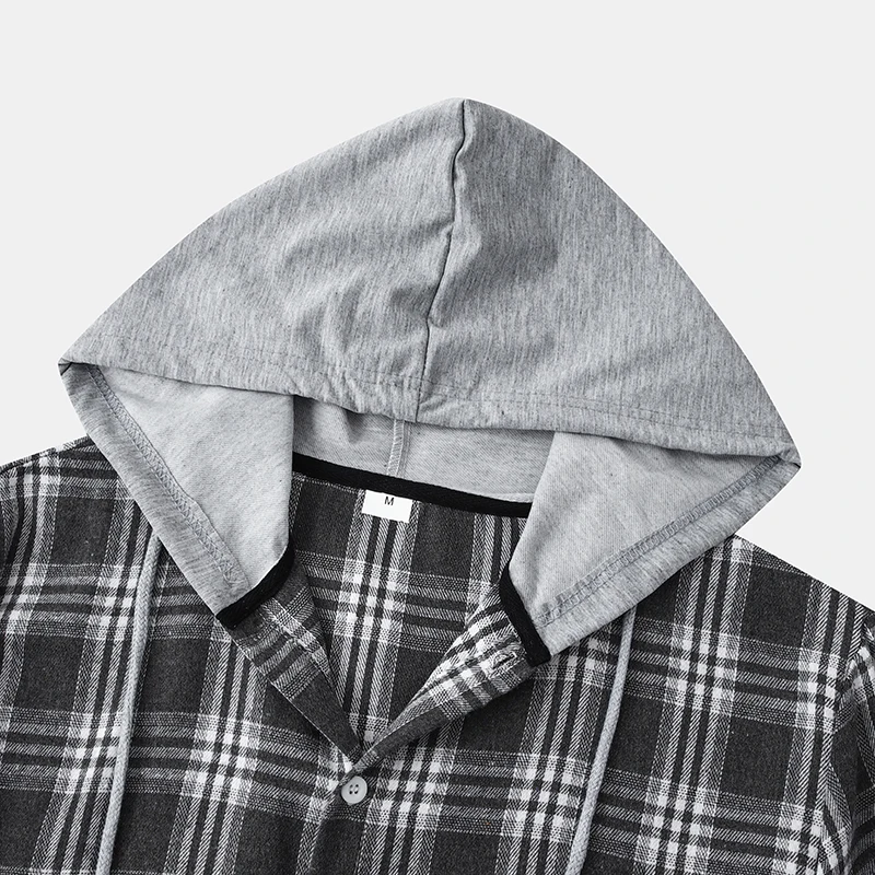 Parklees Casual Hooded Plaid Shirts for Men 2023 Brand New Long Sleeve Cotton Tops High Quality Drawstring Checked Shirt Jacket