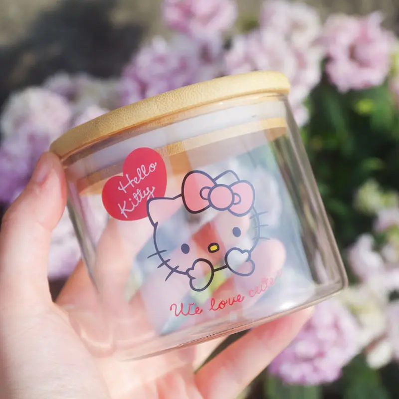 

Sanrio, Hello Kitty Kawaii стеклянная герметичная банка бамбуковая крышка банка для конфет разнообразные зерна банка для сушеных фруктов банка для чая...