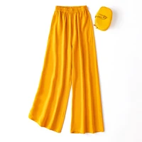yellow natural silk summer ankle length wide leg pants 2022 high street fashion elastic waist pantalones de mujer women clothes