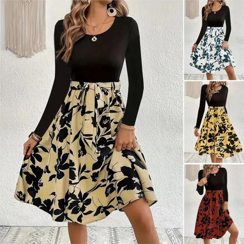 

Women's Elegant Mid Length Dress Autumn/Winter Pullover Long Sleeve Mid Waist Printed Dress Round Neck A-line Lace Up Jurk