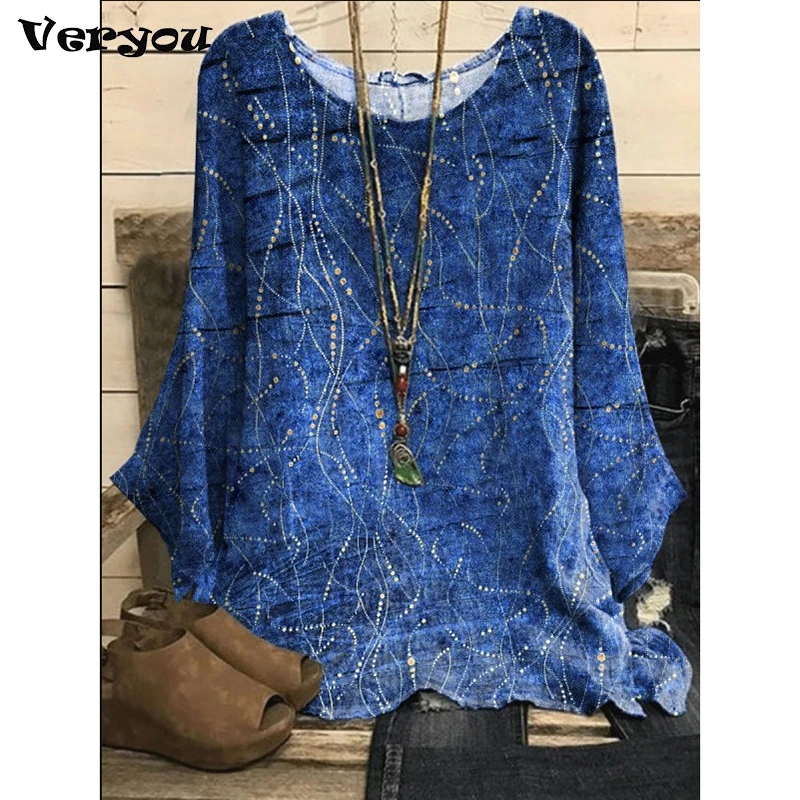 

2022 Psychedelic Blue Printed Long Sleeve T-Shirts For Women O Neck Loose Tops Ladies Spring Elegant Office Lady Casual Tee New