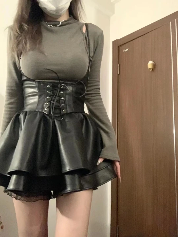 Женская футболка с длинным рукавом и плиссированная юбка из ПУ кожи