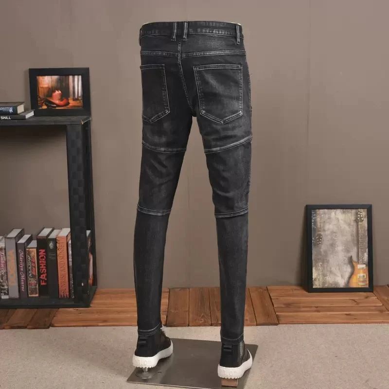 Autumn Men Biker Black Jeans Streetwear Casual Slim Fit Pencil Pants Zipper Patchwork Denim Trousers CP2019
