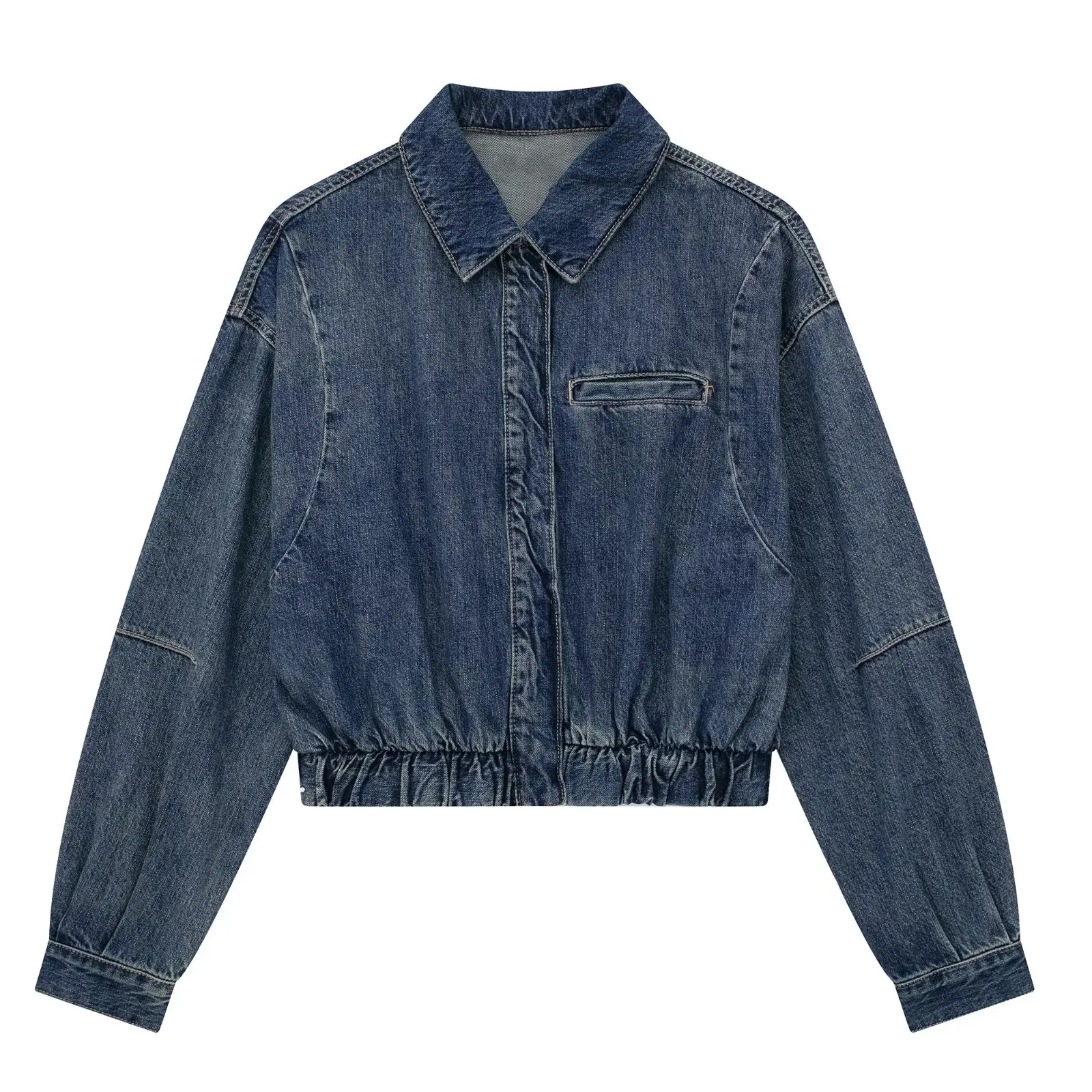 

Women's Autumn 2023 New Fashion Denim Fabric Bomber Jacket Retro Long Sleeve Hem Convergent Design Coat Chic Top.