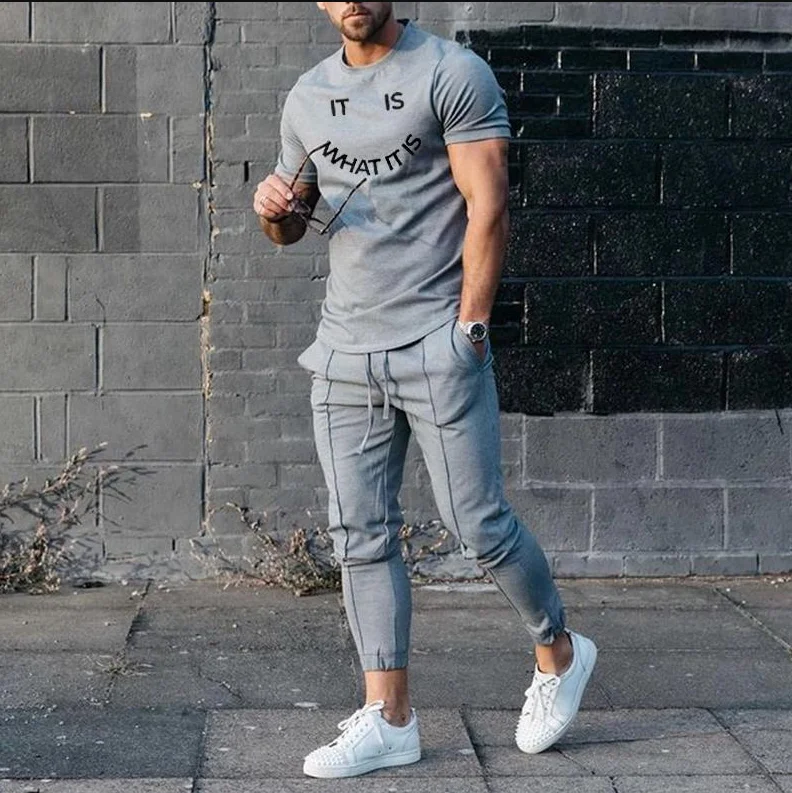 Men's Long Pants Sportswear 3D Printed Smile Short Sleeved T-shirt Casual Oversized Clothing Summer Sportwear Suit 2-Piece Set