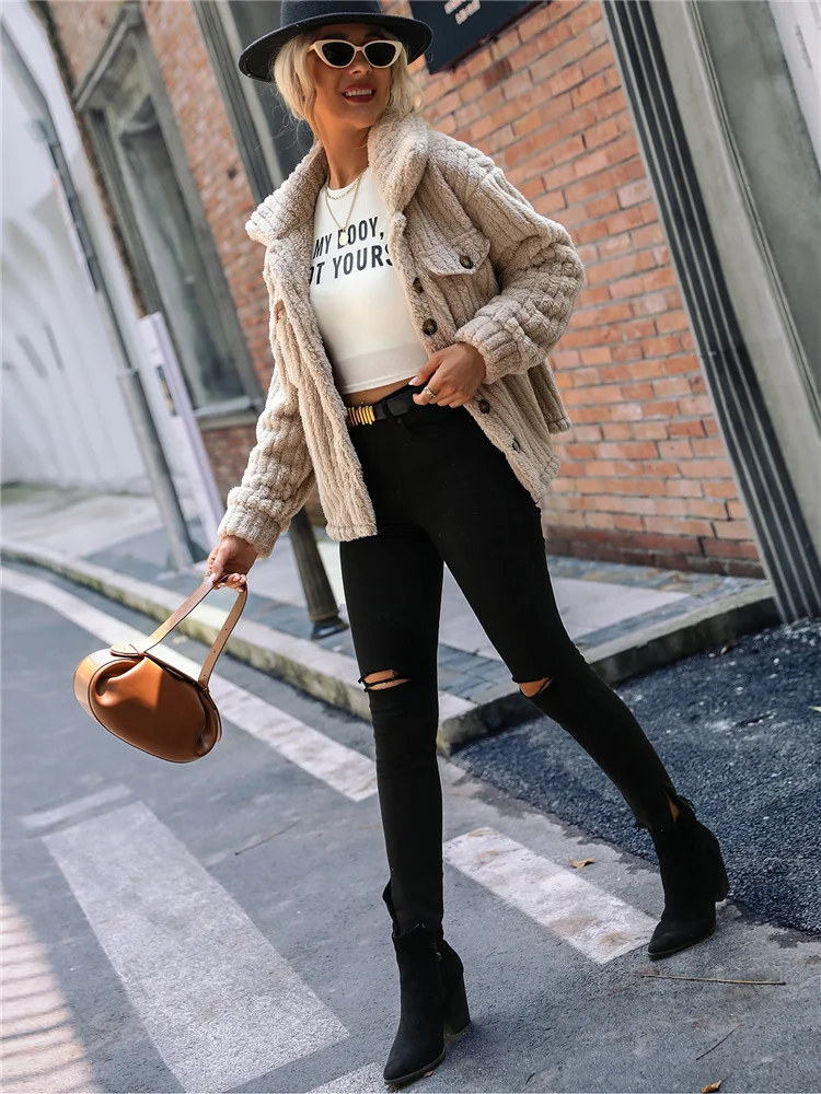 Women's Autumn and Winter Double-sided Velvet Long Sleeved Lapel Breasted Solid Color Medium Long Plush Comfortable Casual Coat