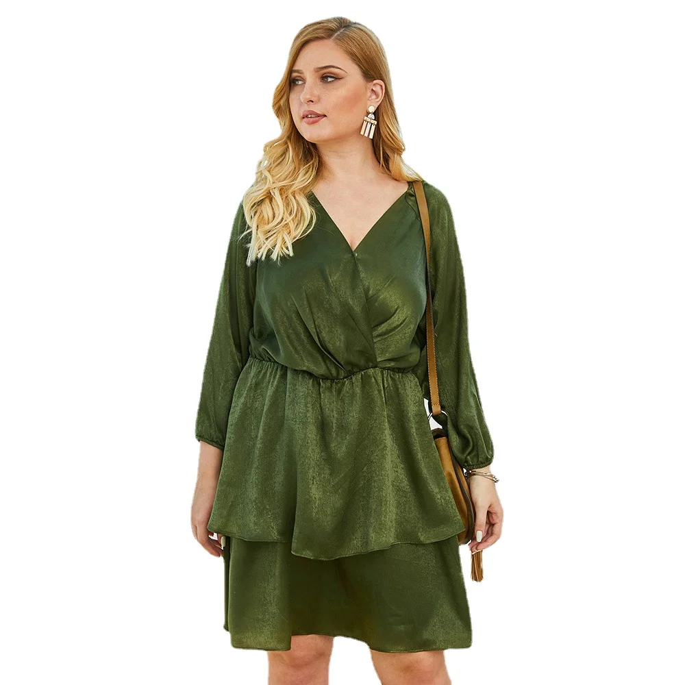 

Plus Size Dress Midi Length Street Style Patchwork Dresses Women V Neck Long Sleeve Cascading Ruffle Solid Fashion Dress