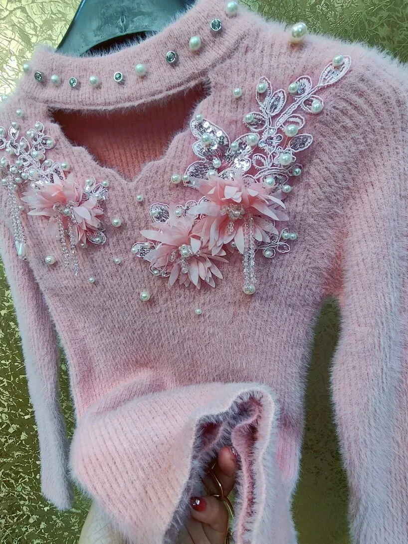 Свитер женский в китайском стиле милый розовый утолщенный Блестящий пуловер из