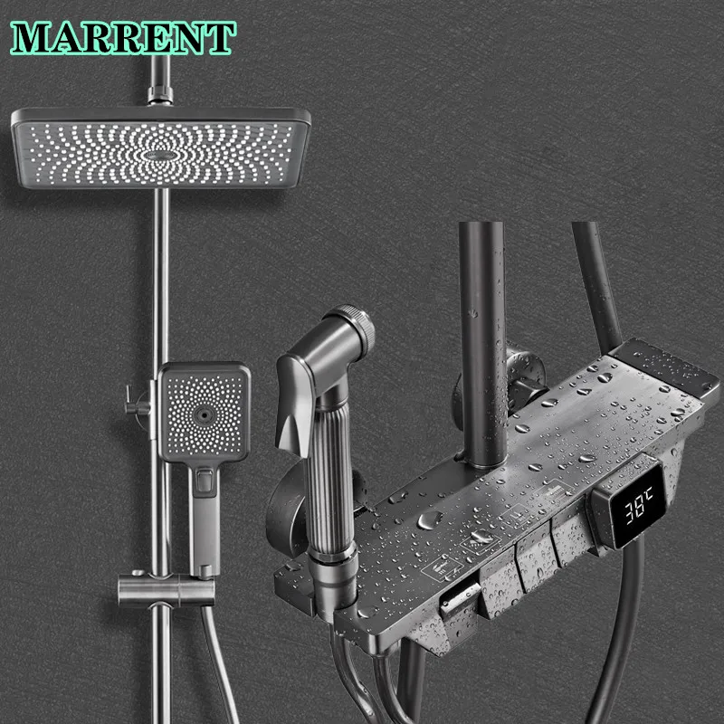 

Digital Piano Shower System Quality Brass Hot Cold Bathroom Mixer Tap Faucets Rainfall Shower Head Grey Thermostatic Shower Set