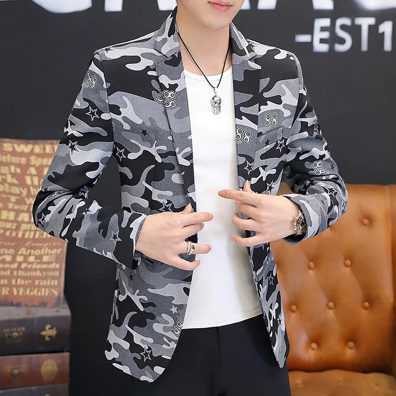

Men's Casual Camo Small Suit Coat 2022 New Korean Style Slim Figure Top Suit Jacket Fashion Trend Single-Breasted Men's Blazer
