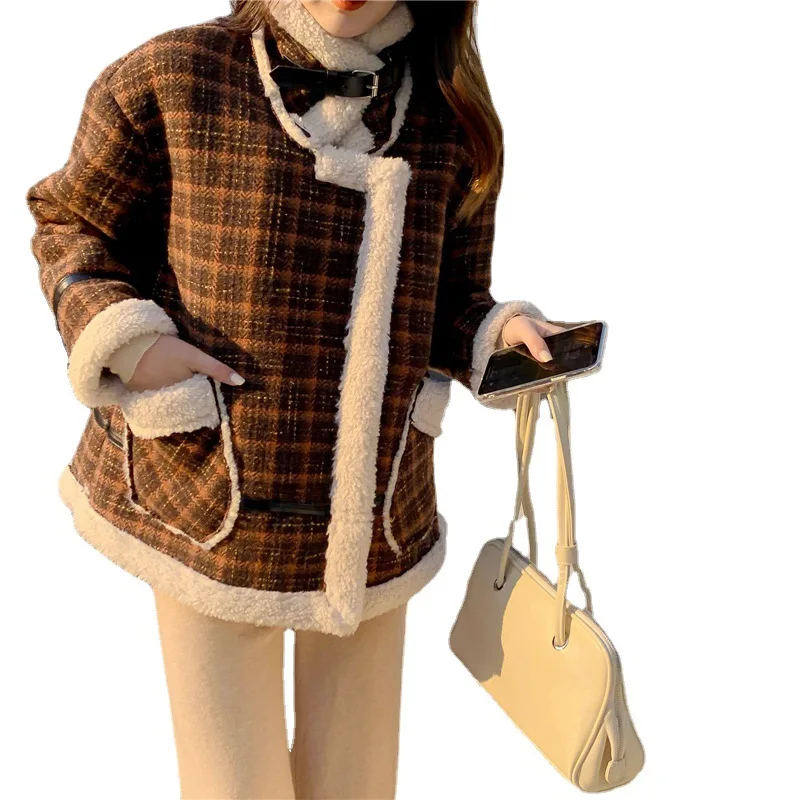 Checker wool plush warm coat imitation lamb wool thickened cotton suit