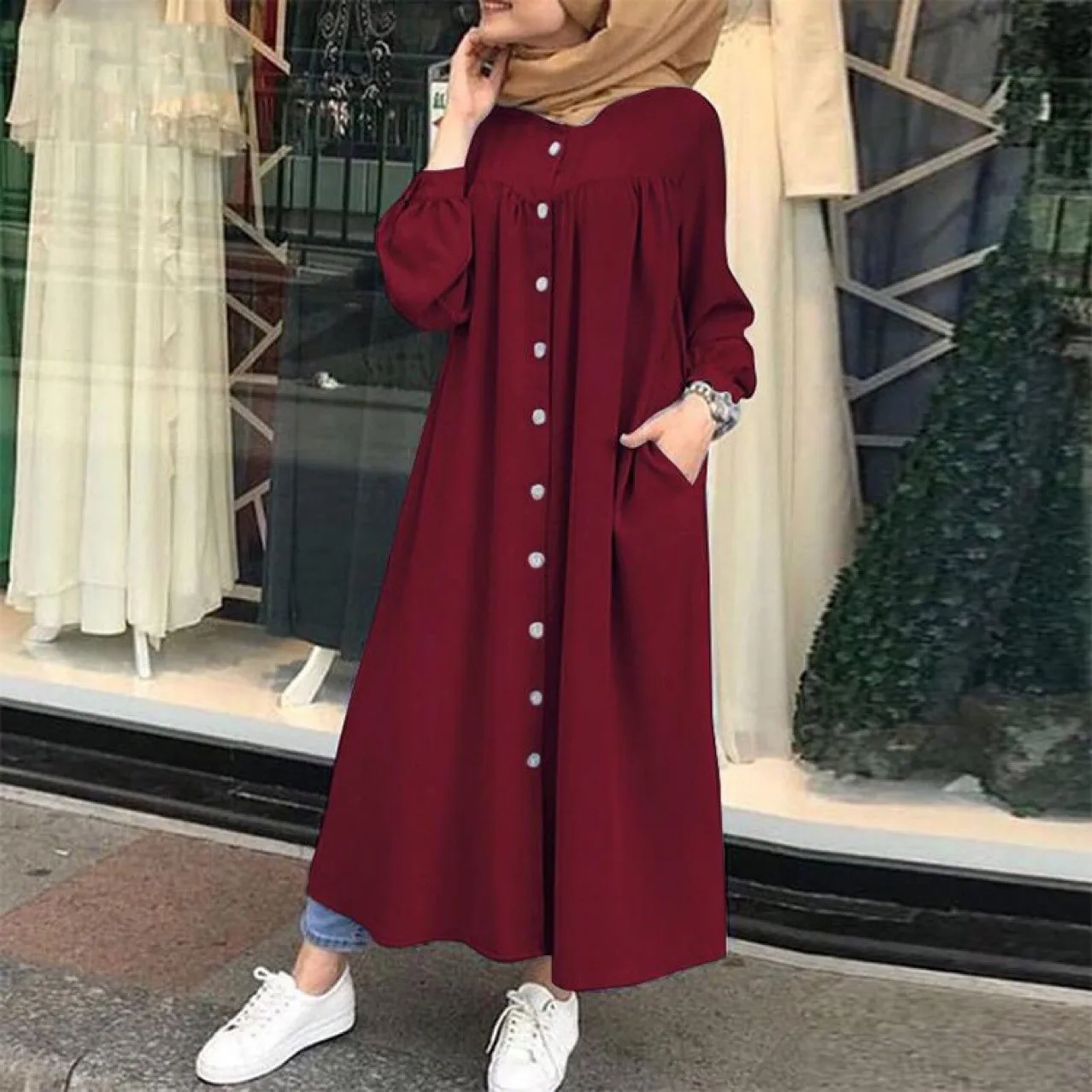 Ramadan Solid Long Sleeve Muslim Hijab Shirt Dress Casual Pocket Abaya Dubai Formal African Dresses for Women Islamic Clothing