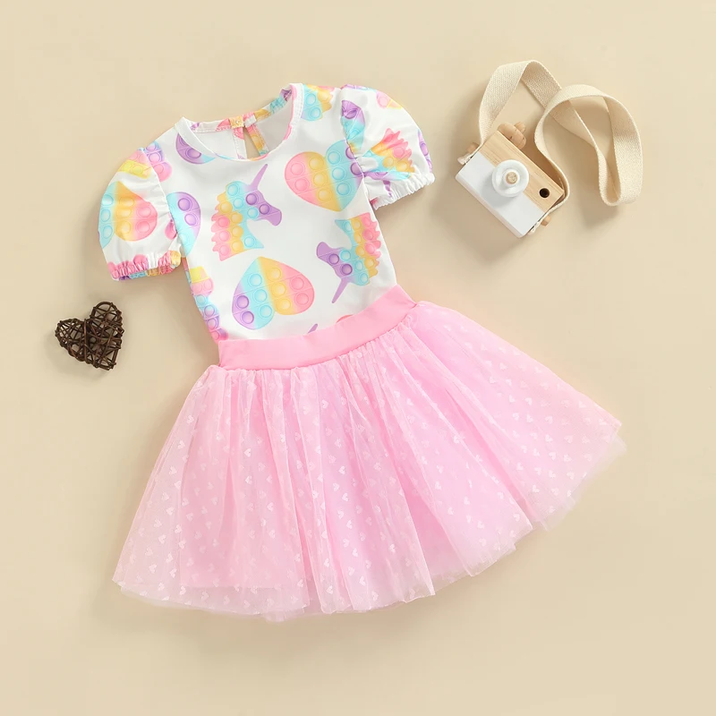 

2pcs Infant Kids Girls Summer Clothes Sets 1-5Y Printed Puff Sleeve Romper Tops+Lace Tutu Skirts Lovely Outfits
