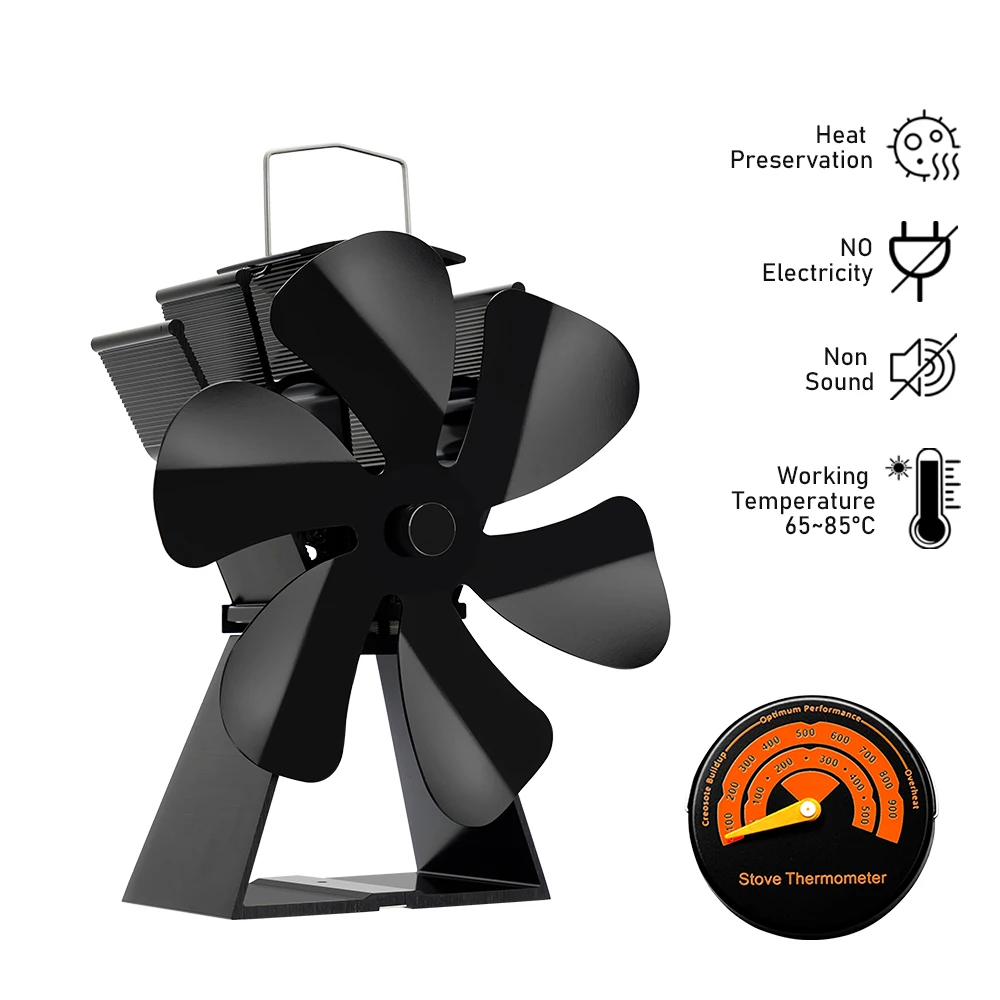 

Black Fireplace 6 Blade Heat Powered Stove Fan komin Log Wood Burner Eco Friendly Quiet Fan Home Efficient Heat Distribution