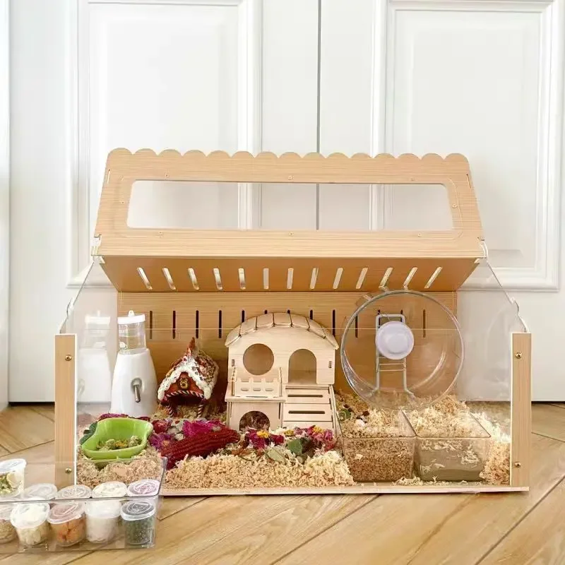 Акриловая и деревянная клетка для хомяка сборная прозрачная видимая кормления