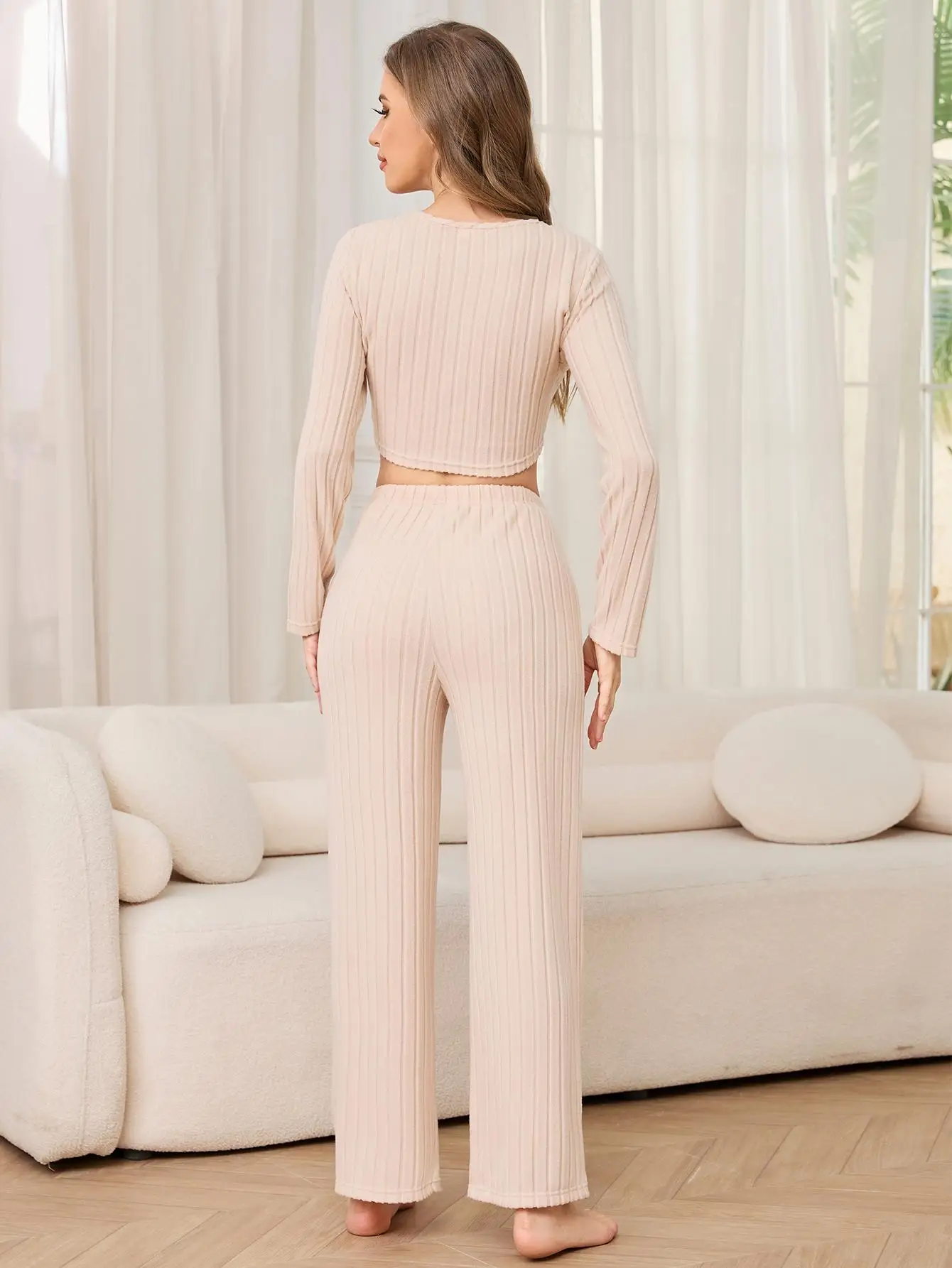 Женский Однотонный Пижамный Комплект Вязаный Топ С Круглым Вырезом И Длинными