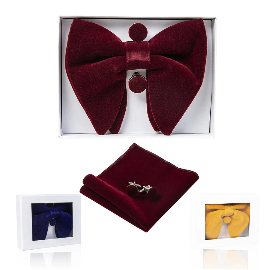 Quality Velvet Big Bow Tie Men's Bowties Pocket Square Cufflinks Set Solid Red Blue Handkerchief Tie for Wedding With Gift Box