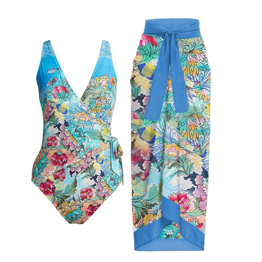 

Blue Full Print Floral Swimsuit Women 2023 Wrap Hot Sexy HIgh Waist Swimwear Backless BIkini Set Sleeveless Lace-Up Beachwear