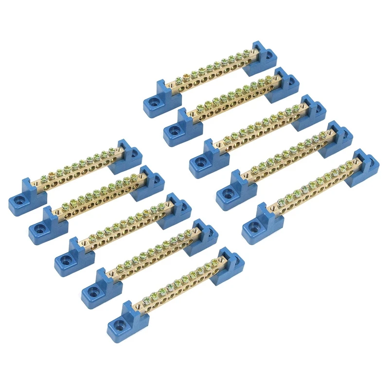 

Terminal Block Blue Terminal Bus Bar 10 Positions Screw Brass Terminal Grounding Strip Bus Bar Block Pack Of 10