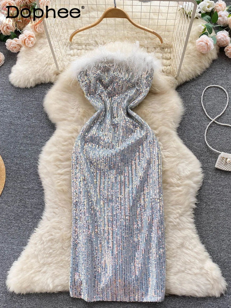

Evening Dress Lady Temperament Light Sequin Dress Waist Slim Split Hip Wrap Dresses For Women 2022 Autumn New