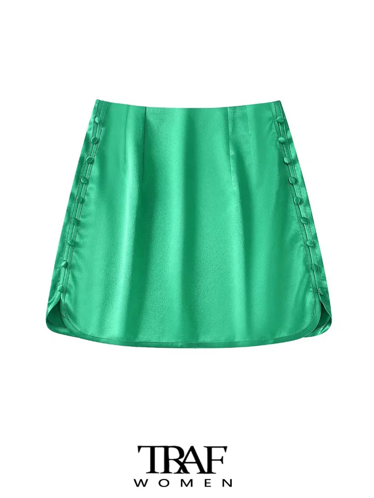 

TRAF Women Fashion With Buttons A Line Satin Mini Skirt Vintage High Waist Back Zipper Female Skirts Mujer
