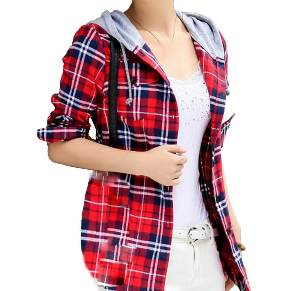 

Ele-choices Korean Style Women Fashion Loose Long Sleeve Classic Plaid Hood Button-up Cotton Shirt Coat for Daily Dropshipping