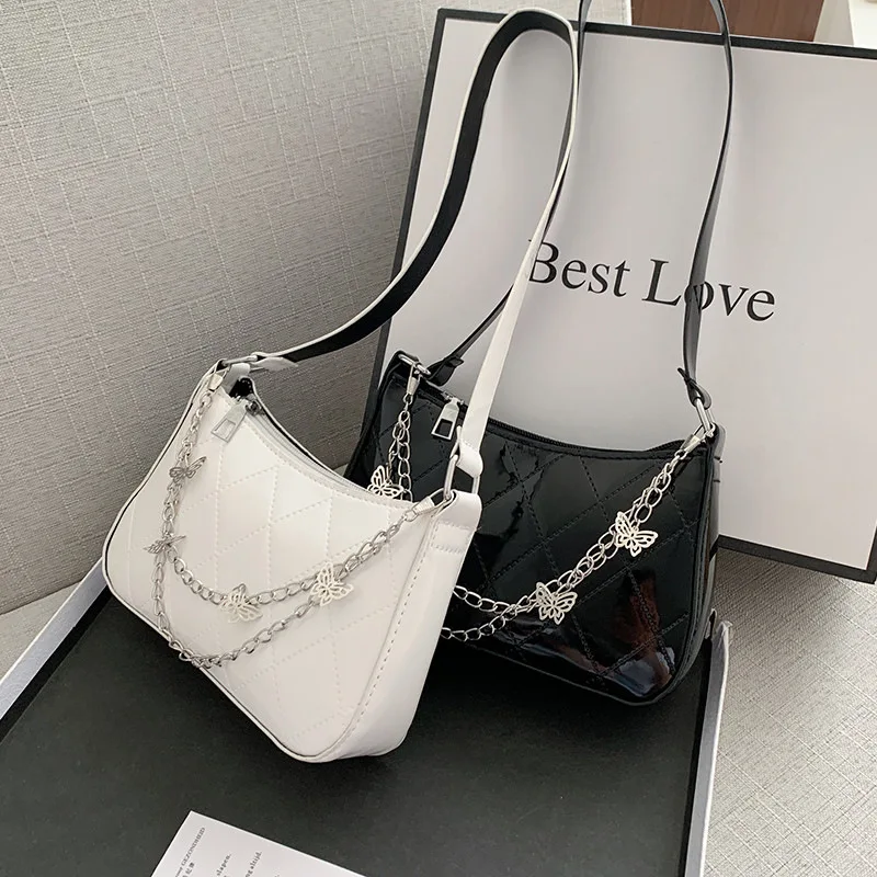 

Women PU Leather Messenger Bag New Trendy Vintage Butterfly Chain Pure Color Zipper Handbag Fashion Underarm Bags