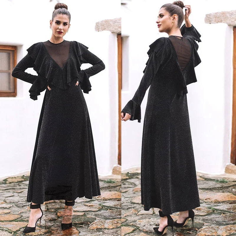 

Женское привлекательное Сетчатое Прозрачное платье с блестками, черное платье с длинным рукавом в стиле ретро, элегантное банкетное платье...