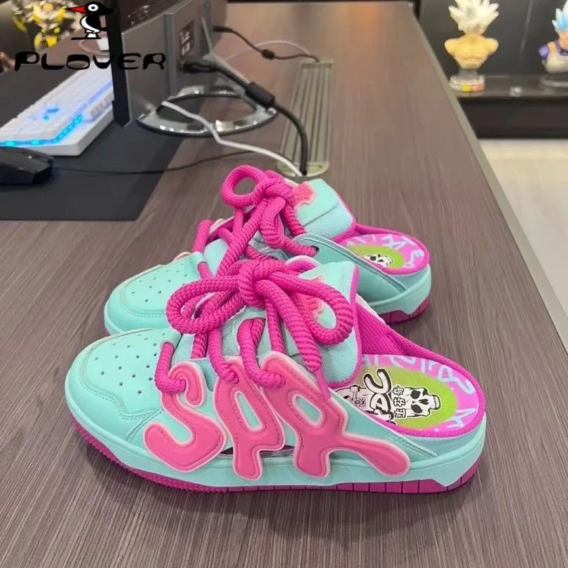 Spring Women Cute Bear Canvas Shoes New Flat Casual All-match Half Slippers Korean Version Trend Lace Up Ladies Vulcanized Shoes