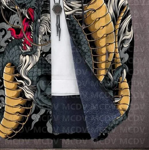 Мужская Флисовая Куртка с капюшоном и принтом дракона длинным рукавом