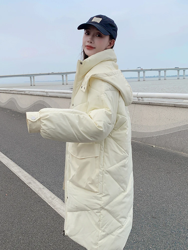 

Зимнее длинное пальто с капюшоном, Женское зимнее пальто оверсайз с хлопковой подкладкой, Толстая куртка средней длины, новая парка с большими карманами для женщин