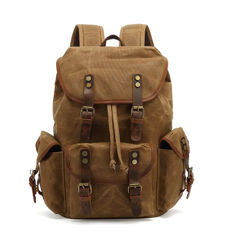 

XZAN Canvas Backpack for Men Leather Rucksack Large Laptop Bags School Work Military Army Shoulder Knapsack Travel Hiking Bag