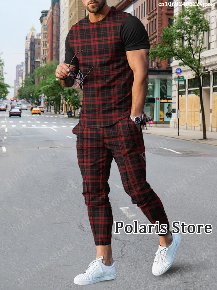 Summer Tracksuit 3D Printed Short Sleeve T Shirt 2 Piece Outfits Streetwear Fashion Long Pants Set Men Tshirts Sets Sportswear