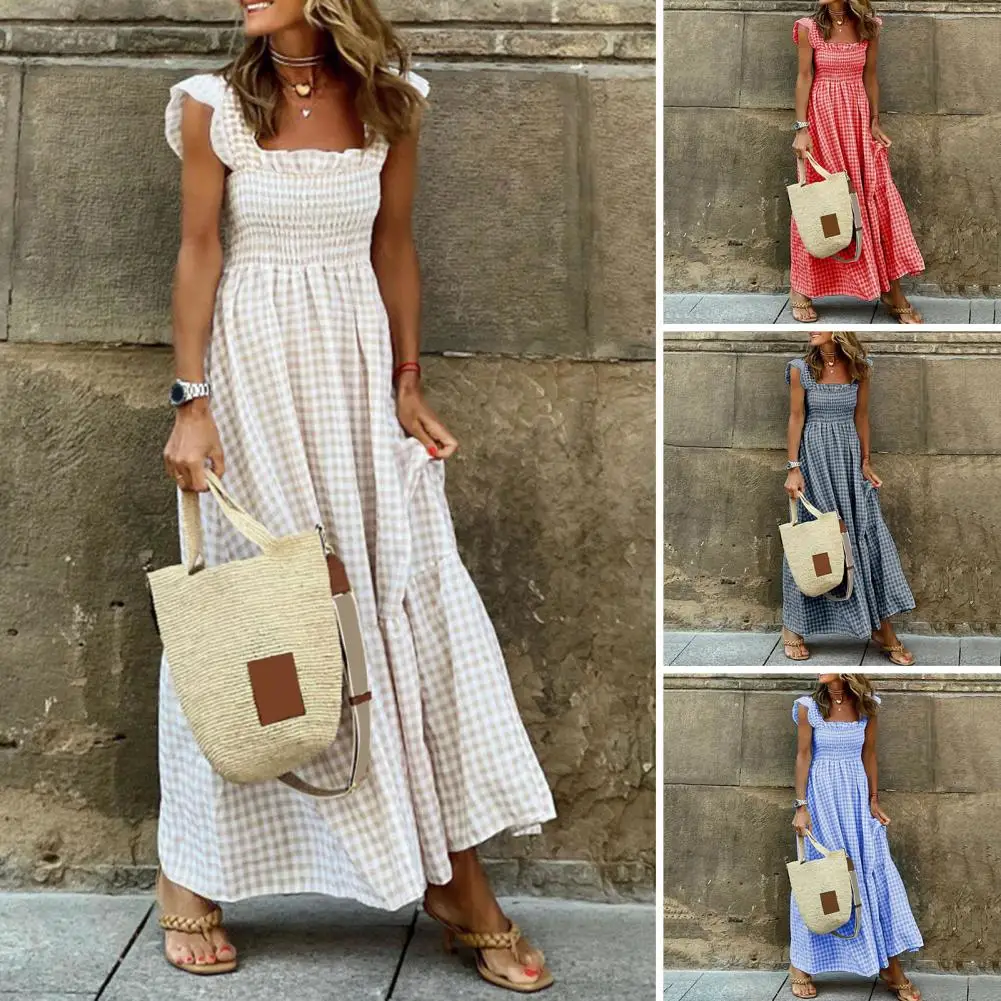 

Plaid Long Dress Women Summer Boho Sleeveless Beach A-line Dress Female Elegant Vintage Square Collar Pleated Maxi Dress Ladies