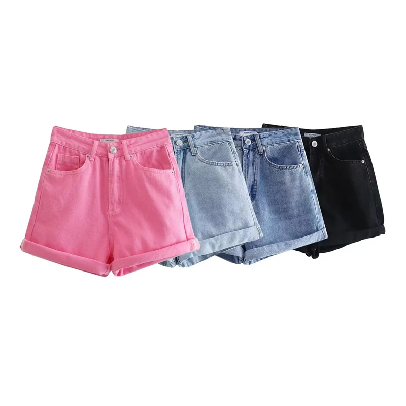 

2022 European and american autumn women's new style loose and comfortable straight denim shorts high waist slim rolled shorts