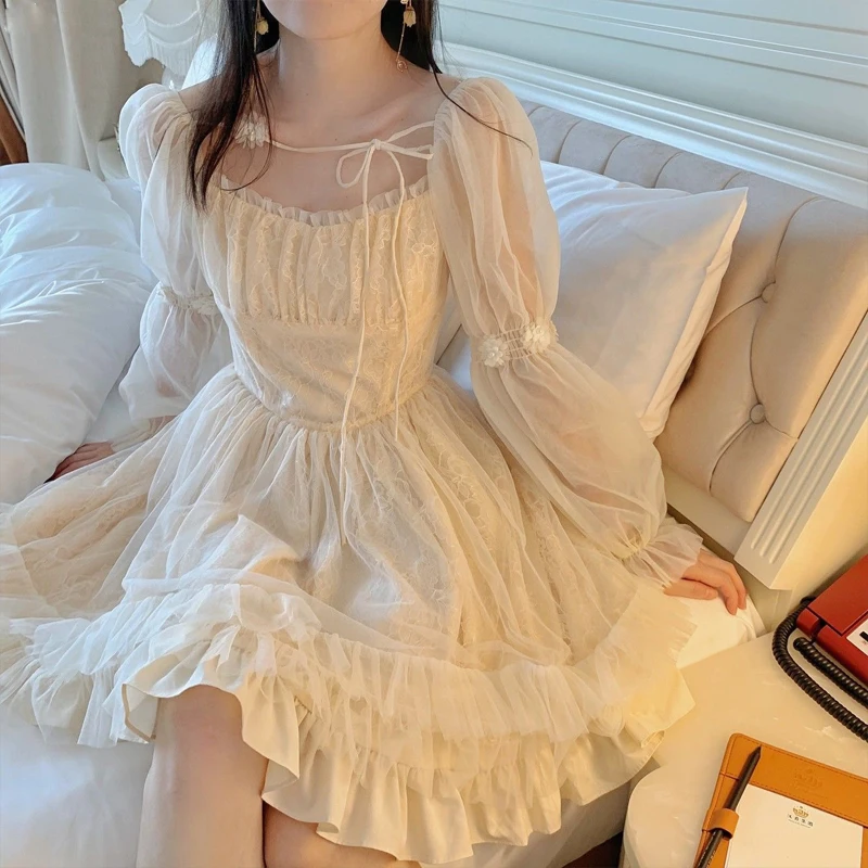 

Sexy Elegant Dresses For Women Retro Vintage French Style Female Lace Dress Chic And Elegant Woman Long Sleeve Party Evening