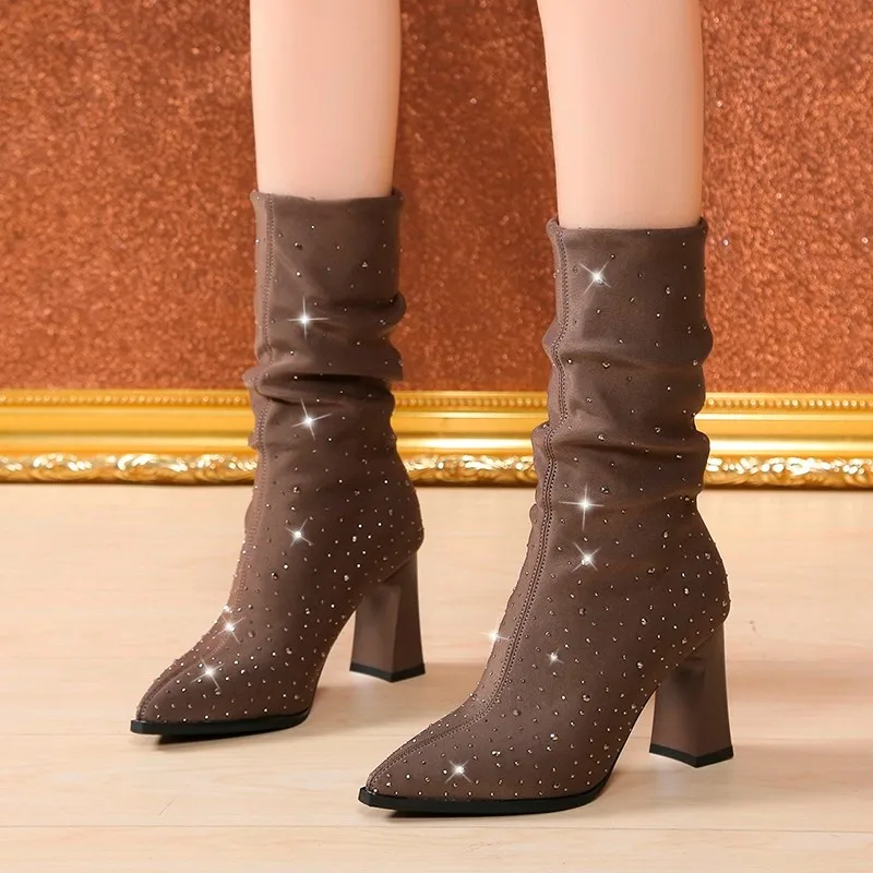 

Pointed Toe Nubuck Leather Wrinkled Women Boots Autumn Winter Thick Heels High-heeled Fashion Rhinestone All-match Mid-boots