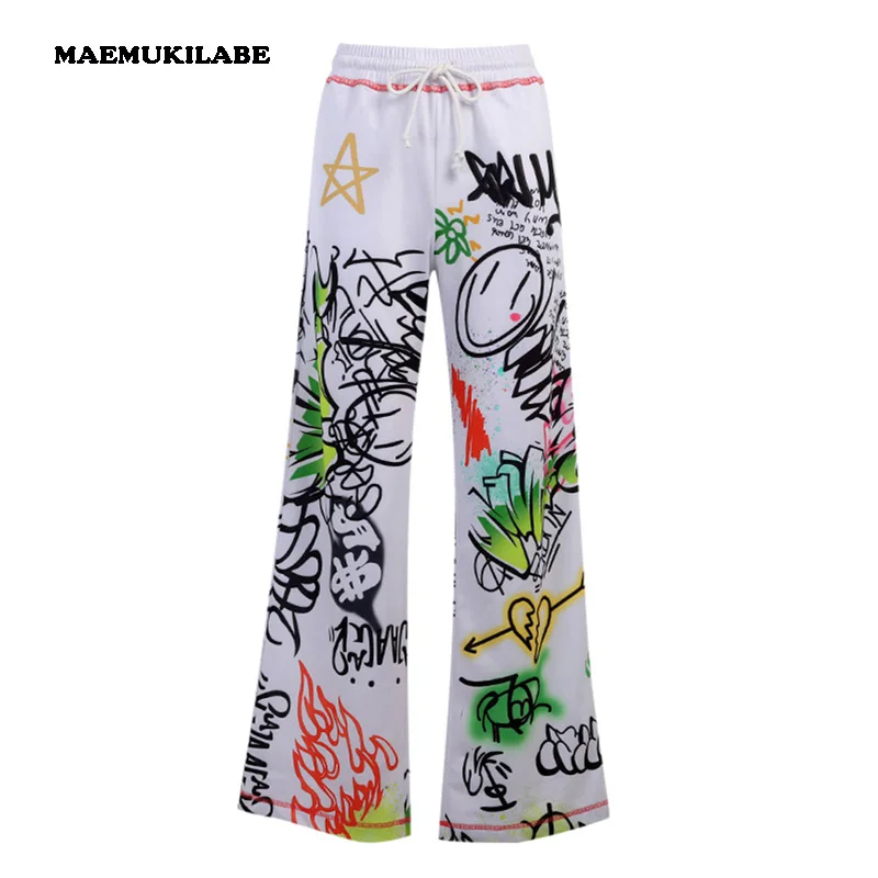 MAEMUKILABE Summer Women's Graffiti Printed Trousers Loose Elasticated Casual Pants Fashionable High Street Trouser for Shopping