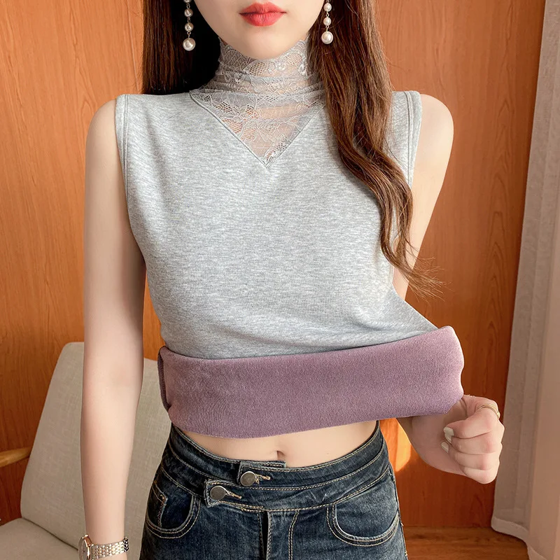 Winter Thermal Underwear for Women Fleece Lined Tops Cami Tank Vest Lace Camisoles Thermal Shirt Inner Wear Thermo Undershirt