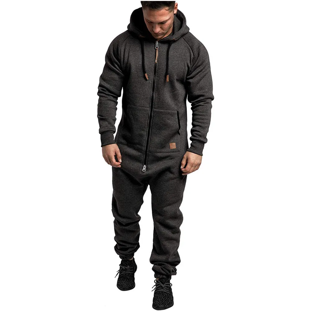 Men Jumpsuits New Autumn Winter Men's Hooded Fleece Jumpsuit Solid Color Matching Casual Suit Men Zipper Pocket Mens Clothes