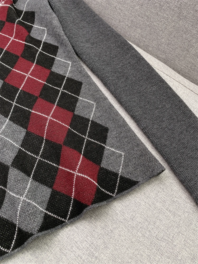 Женский свитер шерстяной клетчатый пуловер воротник-поло приталенный крой