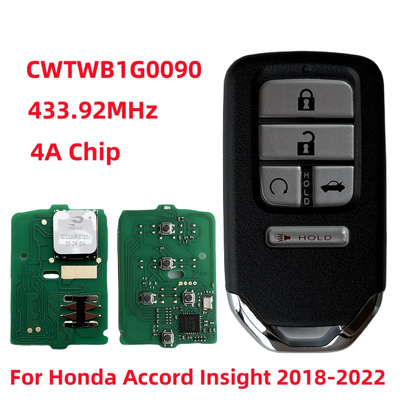 

Для Honda Accord Insight 2018 2019 2020 2021 2022 чип 4A 433 МГц CWTWB1G0090 72147-TVA-A21 72147-TWA-A1 4 + 1 BT Smart Entry Key