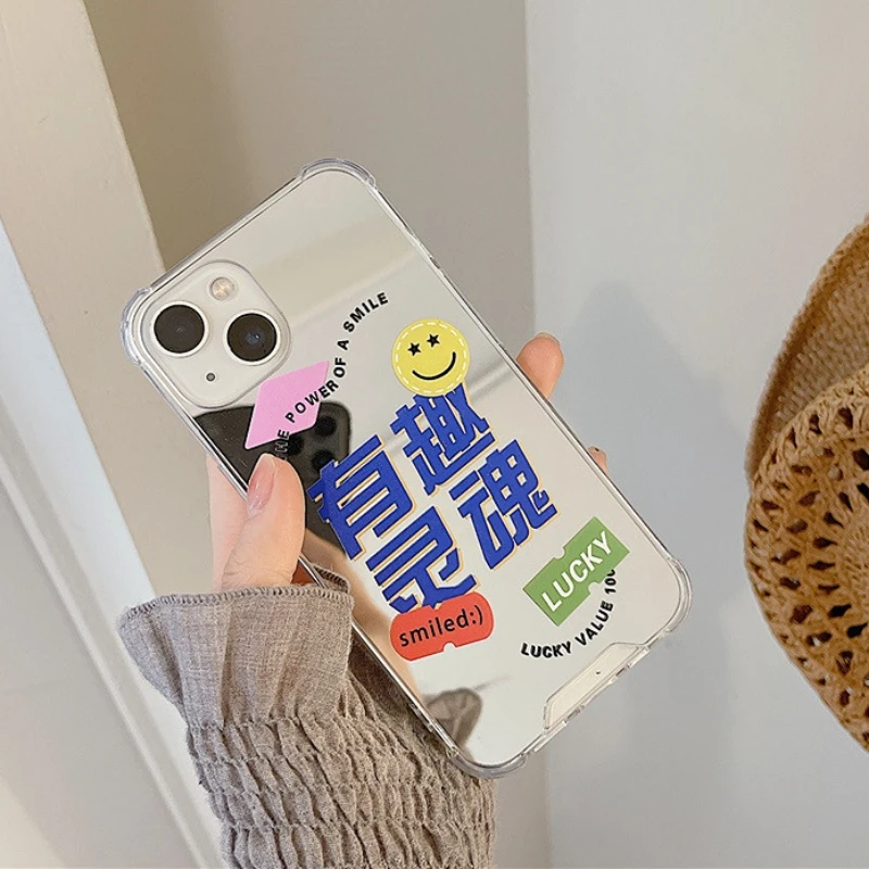 

Cute Smiley Letters Makeup Mirror Phone Case For iPhone 13 11 12 Pro Max X XR XS Max MINI 7 8Plus Shockproof Cartoon Clear Cover