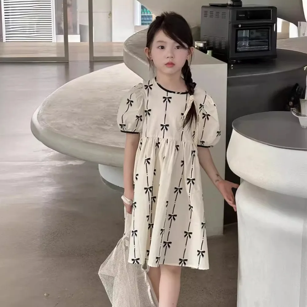 Платье для девочек в корейском стиле новинка 2024 летнее платье Babydoll с бантом и