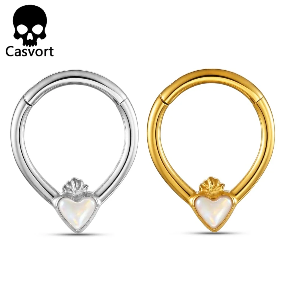 Фото Casvort 1 шт. ASTM F136 Титановый кольцо-септум с инкрустацией из натуральной ракушки в форме сердца, 16G, шарнирный сегментный кольцо-хуп для носа, украшение для пирсинга ушей №1