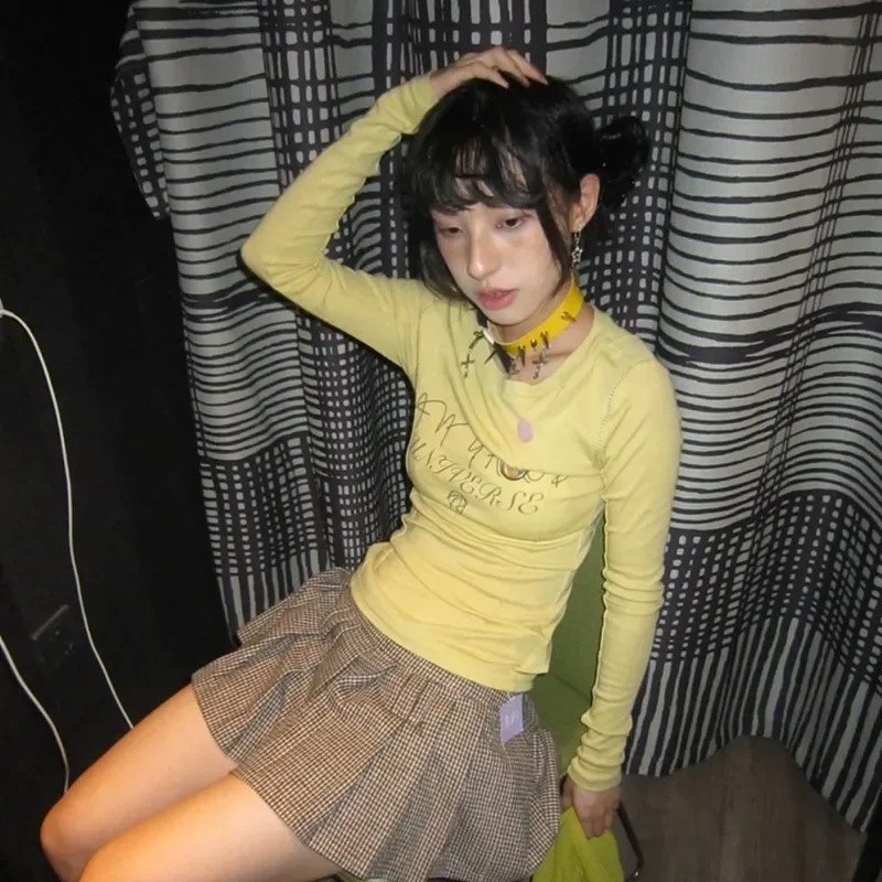 Эстетичная желтая футболка E-girl Y2k 20 дюймов в японском стиле Харадзюку с длинным