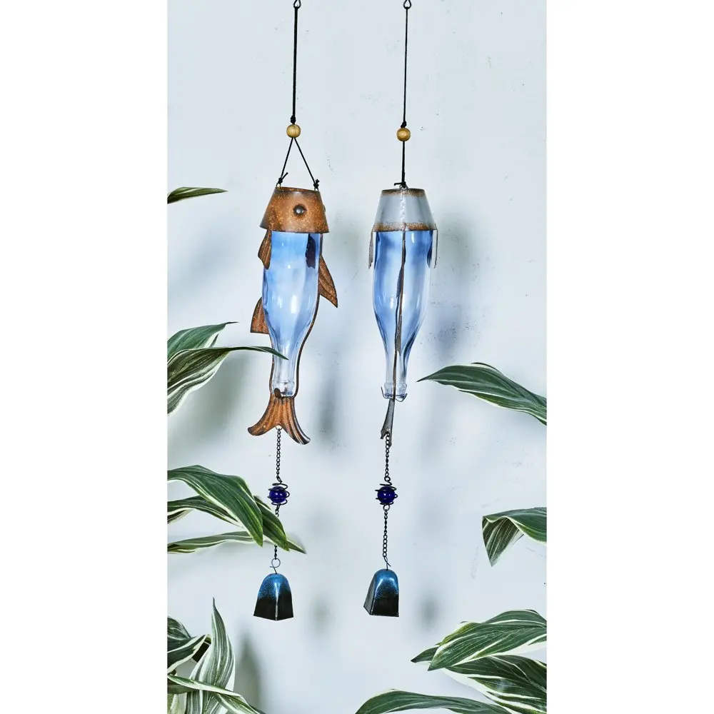 

32" Blue Metal Fish Windchime with Glass Bottle Body and Beads (2 Count)