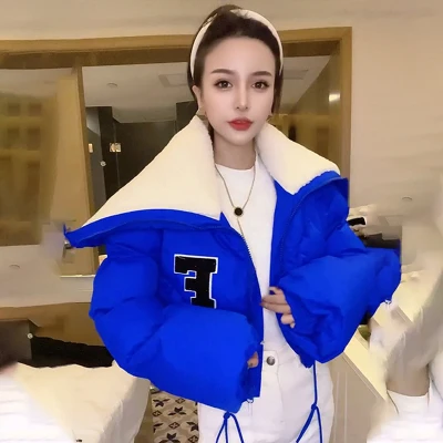 2022 Winter Long Sleeve Lambswool Sailor Collar Short Cotton Coat Women Drawstring Jacket Woman Parkas Warm Up Fur Orange Blue