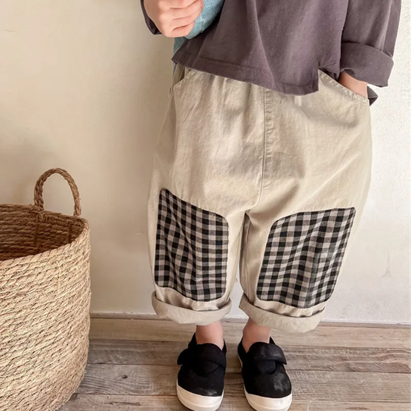 

deer jonmi 2022 Spring New Korean Style Baby Boys Haren Pants Plaid Applique Loose Children Casual Trousers