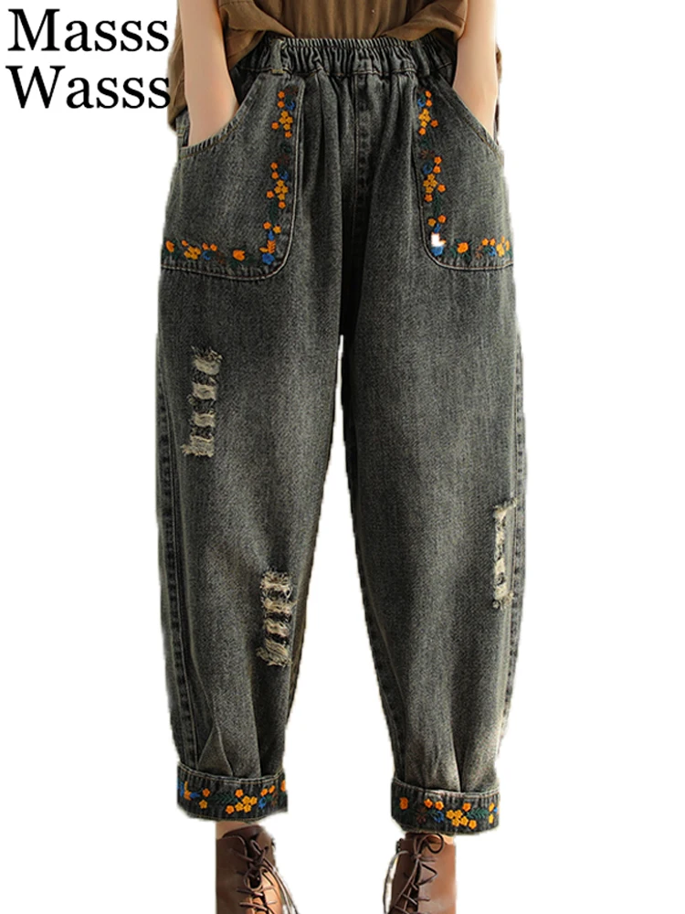 

Masss Wasss New Spring Loose Printed Denim Pants Vintage Chinese Style Embroidery Design Jeans Womens Loose Holes Harem Trousers